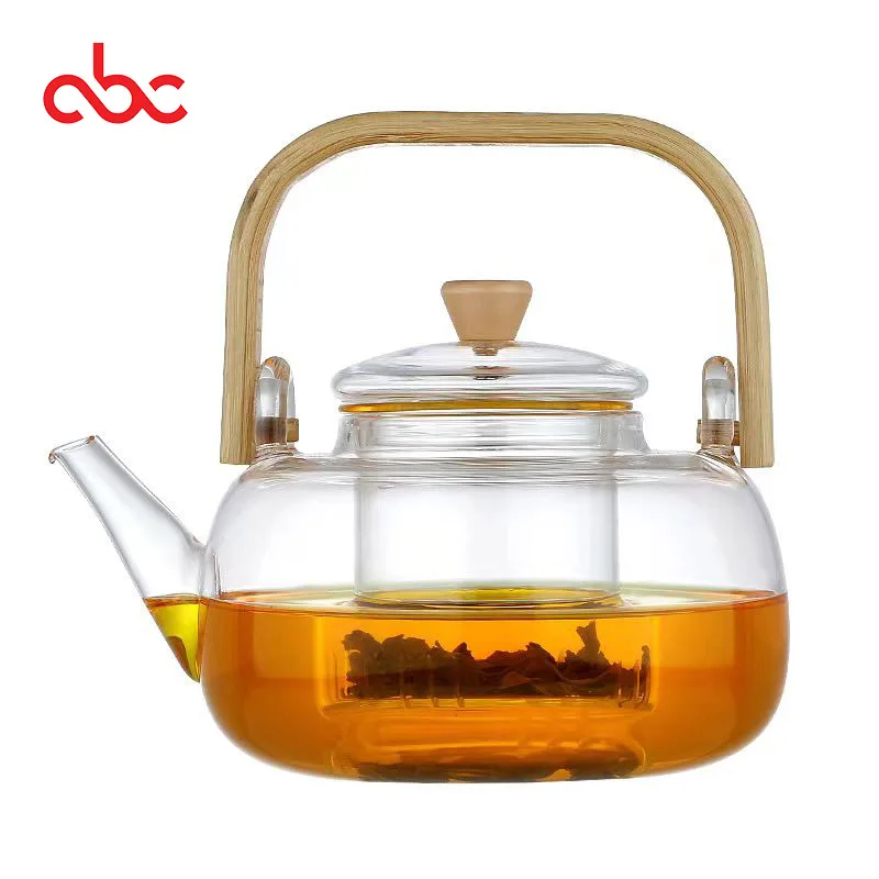 1000ml Bamboo Girder Glass Teapot with long Pouring Tube Glass Teapots Modern