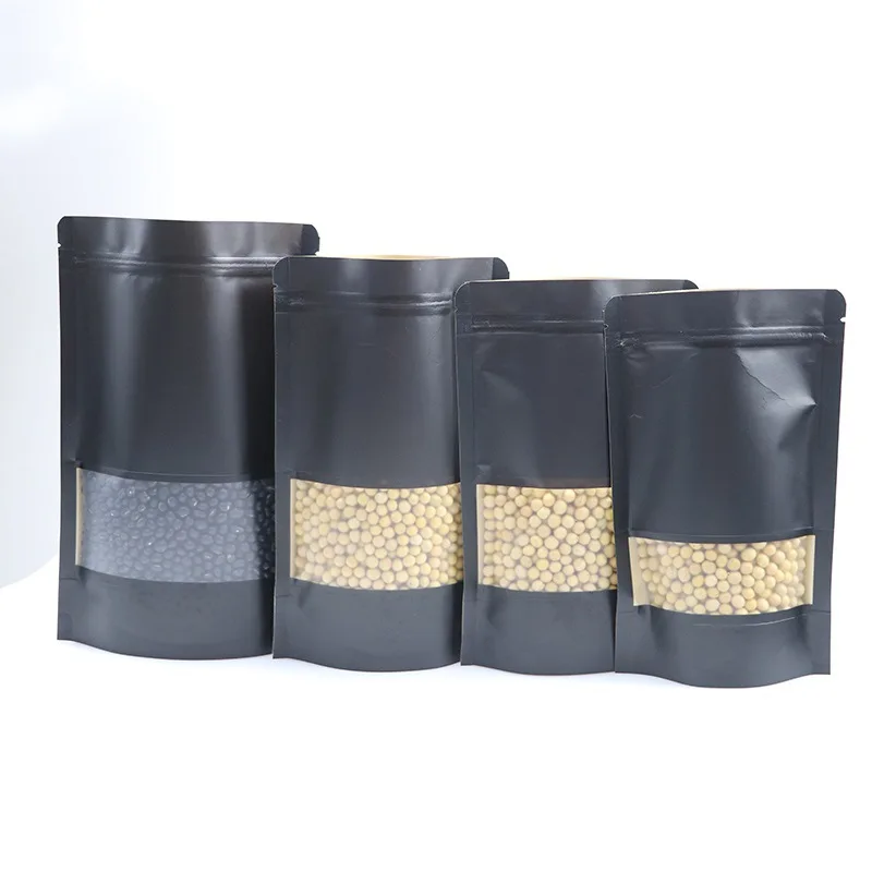 New Black Doypack Kraft Paper Stand Up Pouch With Window Ziplock For Snack Nuts Zipper Plastic Bags Food Packaging