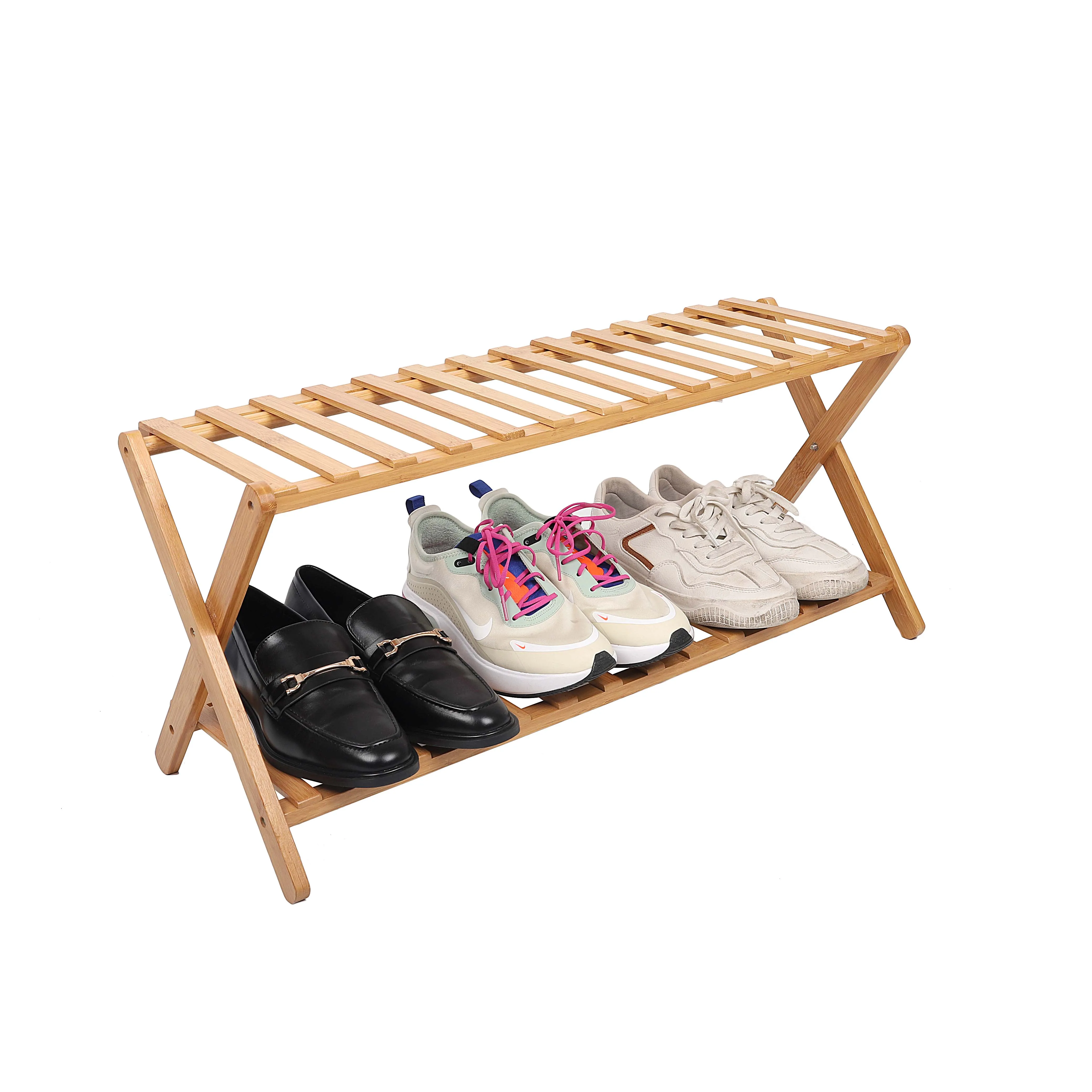 Wholesale Custom Modern Multipurpose Folding Bamboo 2 tier Shoe Rack for Home Flower Pots and Planter