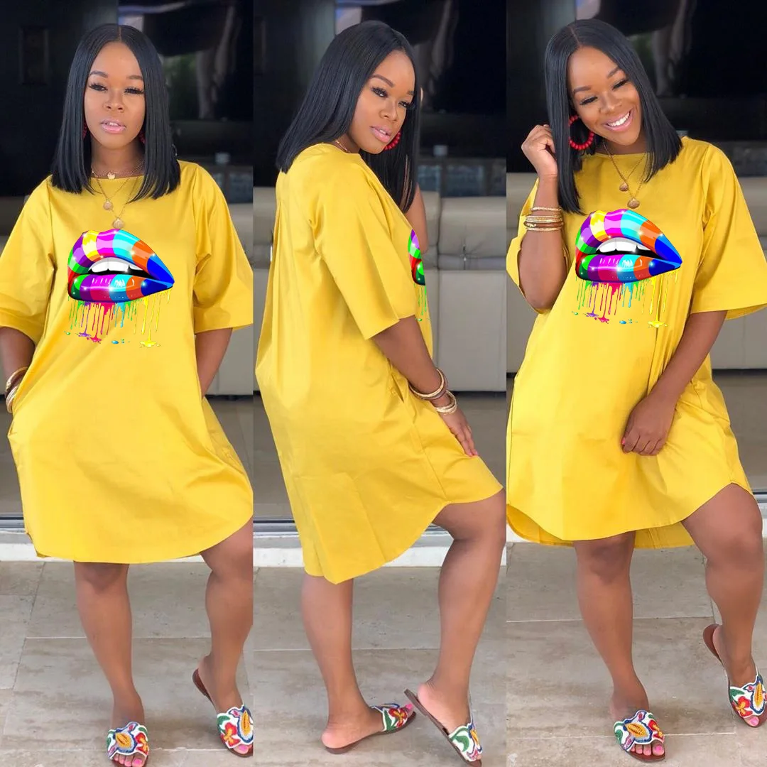 
Wholesale Summer Round Neck Plus Size Lip Printed Loose Casual Dress T Shirt Skirt Woman Dress 