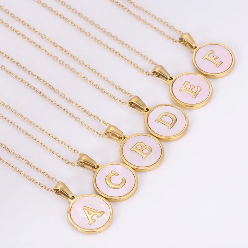 Women Accessories 18K Gold Plated Stainless Steel Disc Pink Mother of Pearl Letter Initial Necklaces