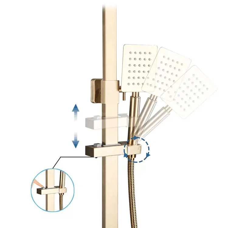 Kaiping factory douche shower mixer set bathroom 304 stainless steel square brushed gold shower set