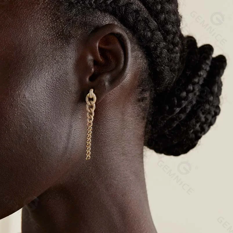 Gemnel hand-craft 18K gold  convertible left undone to hang freely with shimmering diamonds heavy curb link chain earring