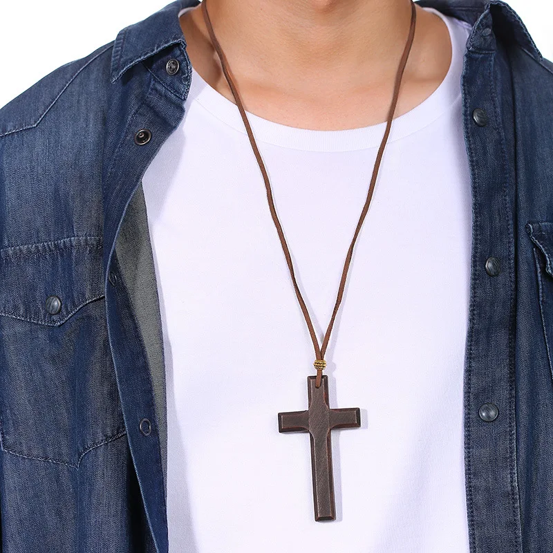 Wholesale Couple Long Cross Pendant Sweater Chain Minimalist Hand Carved Brown Black Wooden Cross Charm Necklace for Women Men