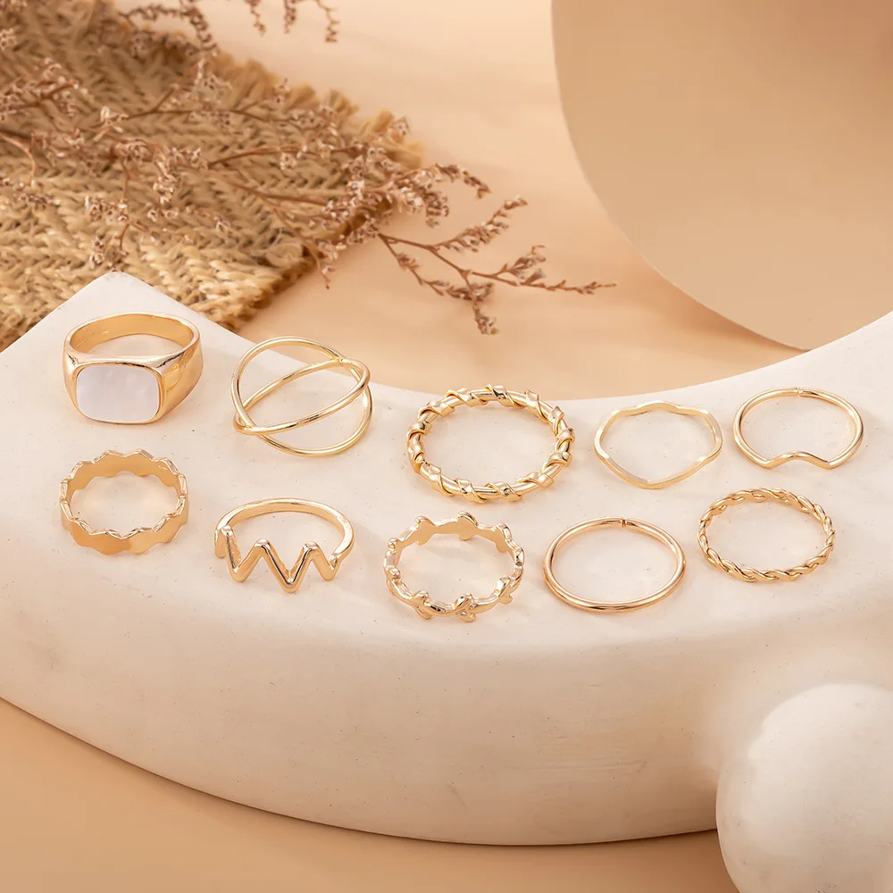 New Ins Simple Joint Opening Ring Sets For Women Men Charms Hollow Geometry Alloy Metal Jewelry Anillo 10pcs/sets