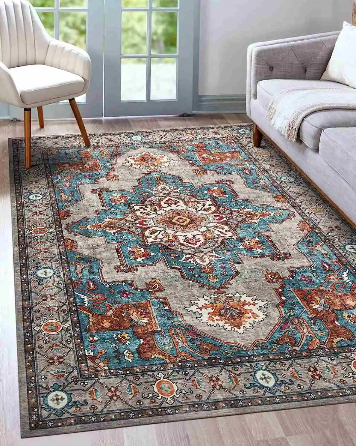 Bohemian Area Rug Stain Pile Machine Washable Rug for Living Room Bedroom Dining Room Kitchen Indoor Pet Child Friendly Carpet
