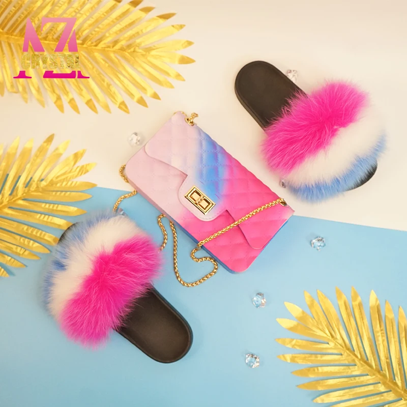 
mommy and me kids colorful girls fanny packs jelly bags purse pures set bulk and with matching fur sandals slides slippers 