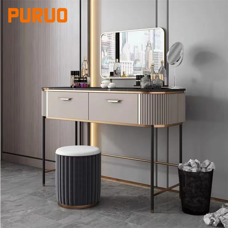 PURUO Modern Bedroom Furniture Vanity Mdf Stainless Steel Mirror Dresser Chair Dressing
