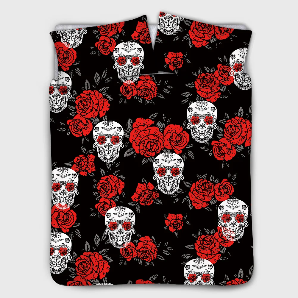Роскошные комплекты постельного белья с принтом черепа розы на Хэллоуин Простыня из полиэстера пододеяльник наволочка Комплект 3
