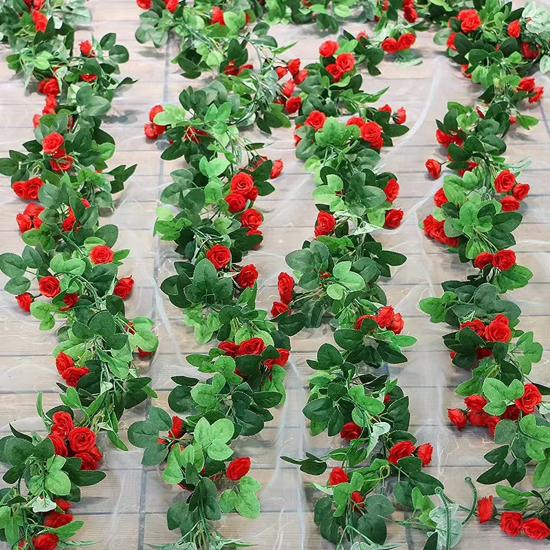 Hot Selling 7.6ft Artificial Flower Rose With Leafs Rattan Vine For Wedding Home Hotel Office Garden Decoration