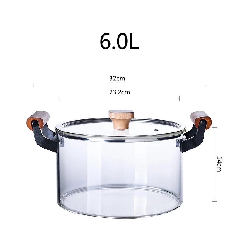 Wholesale clear high borosilicate heat resistant glass cooking pot with wooden handle