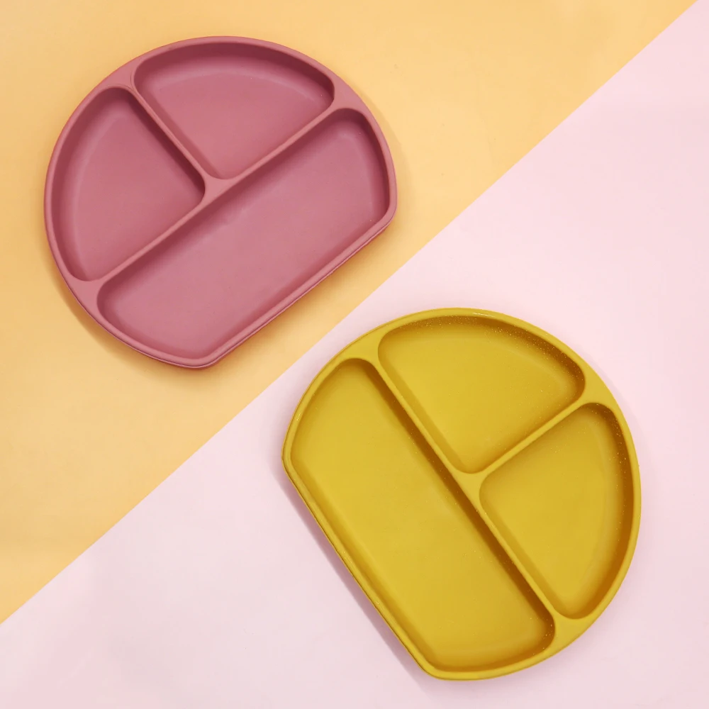 Non slip food grade silicone baby suction plate divided baby dinner plate for toddler kids with lid