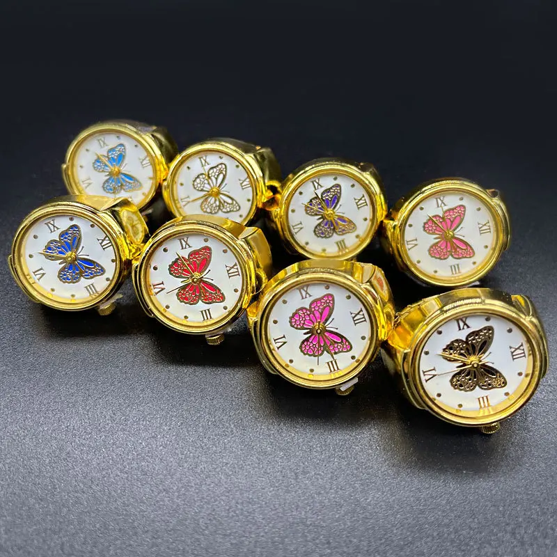 Custom logo Finger Watch Ring Dial Quartz Elastic Adjustable Watchband Steel Mini Butterfly Watches Ring With Extra Battery