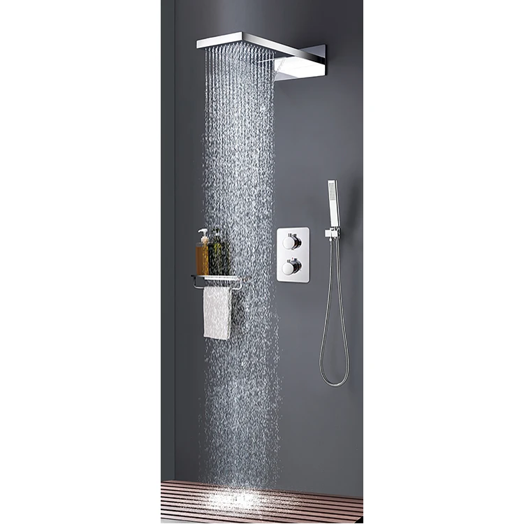 
Square Rainfall Top Shower Head Double Handles Concealed Wall Mounted Thermostatic Shower Mixer Bathroom 