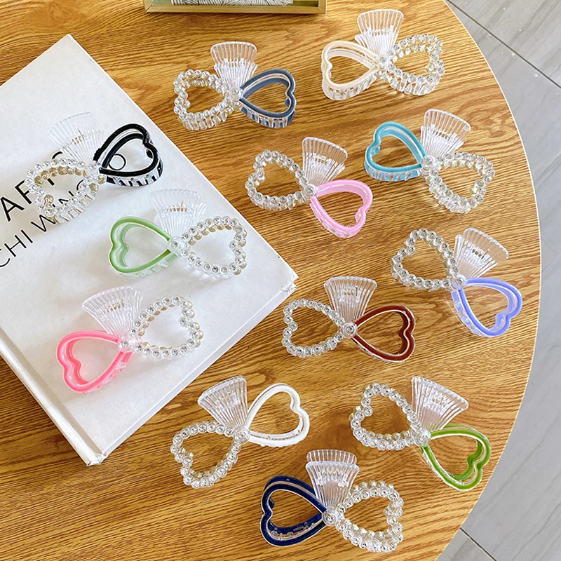 HONEY FLOWER Korean Style Rhine-diamond Pearl Love-heart Bowknot Shape 9cm Size Transparent Half Candy Color Hair Claw Clip