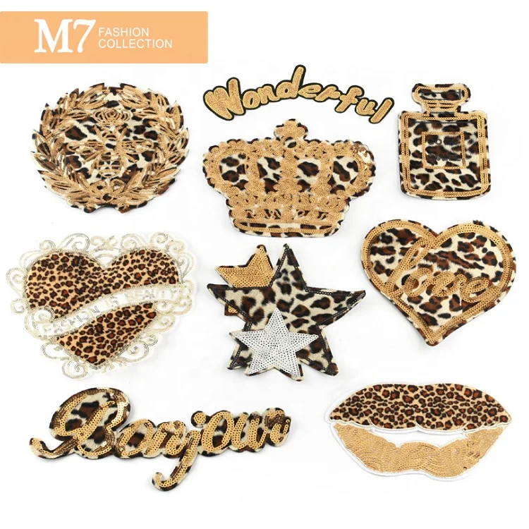 Новый дизайн, нашивка с блестками HZ064 с леопардовым принтом в виде короны, с вышивкой, высококачественные нашивки для одежды