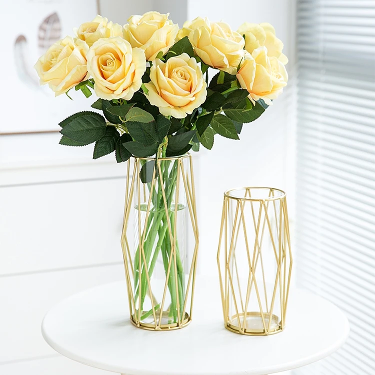 Golden geometric art glass vase can store water diamond-shaped metal vase