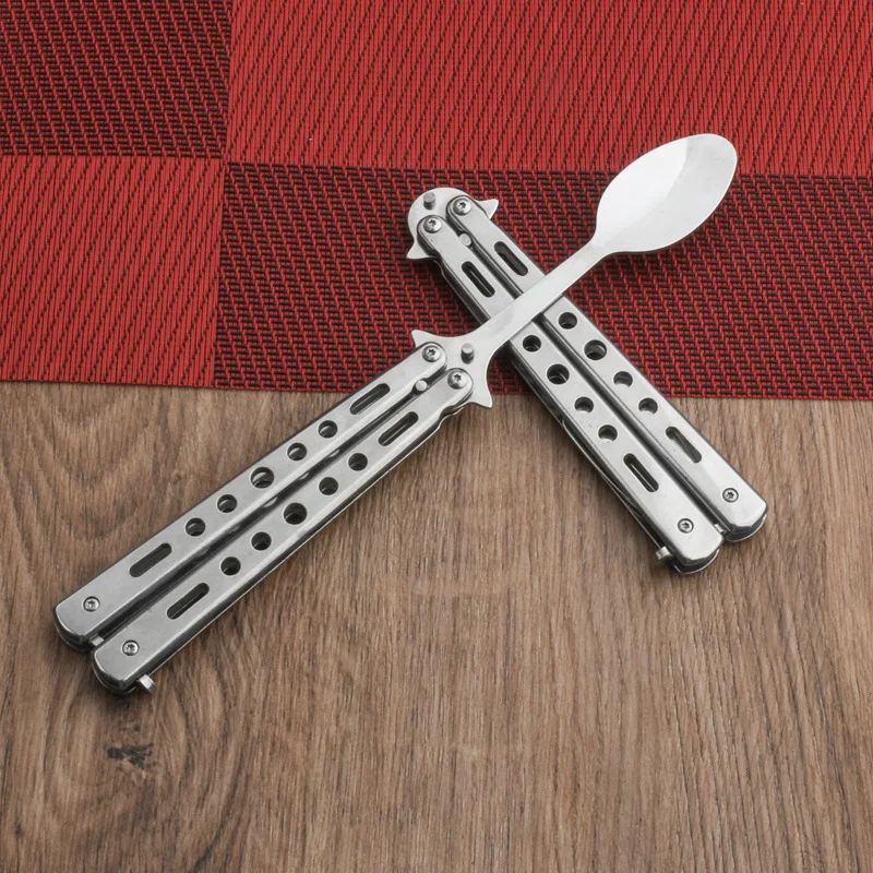 Camping Balisong Spoon Fork Metal Trainer Game Butterfly Knife Folding Tableware