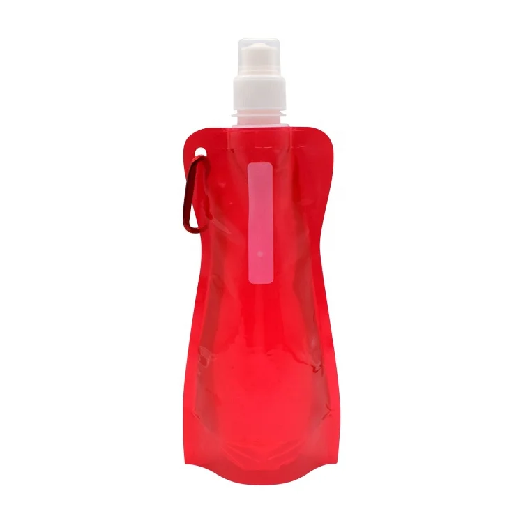 BPA Free Sports Water Bottles Collapsible foldable water bag with Carabiner for Travel Spout Pouch