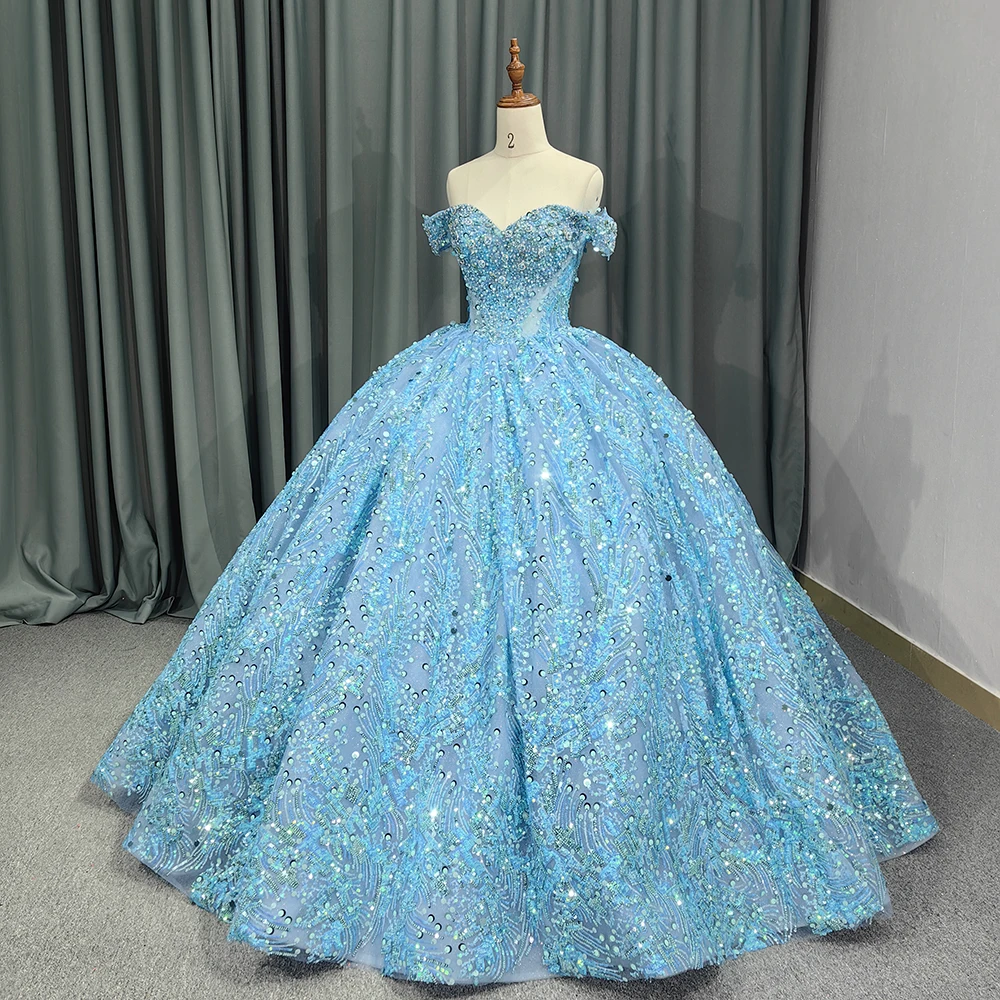 Sky Blue Sparkly Sweetheart Quinceanera Dresses Formal Luxury Party Beading Lace Sweet 15 Dress Graduation Ball Gwon 6555-2