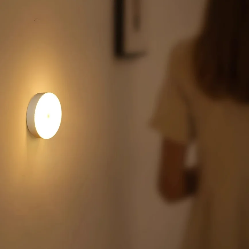 Night Light Mini Round Light Sensor Control No Flicker Nightlight Wall Lamp For Children Kids Kitchen Bedroom USB Rechargeable
