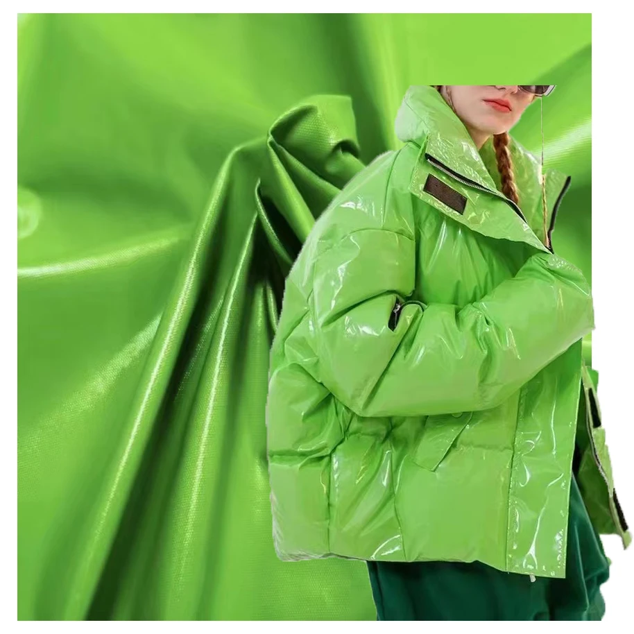high quality in stock high light shiny PU glossy coating polyester fabric waterproof downproof material for bags jacket