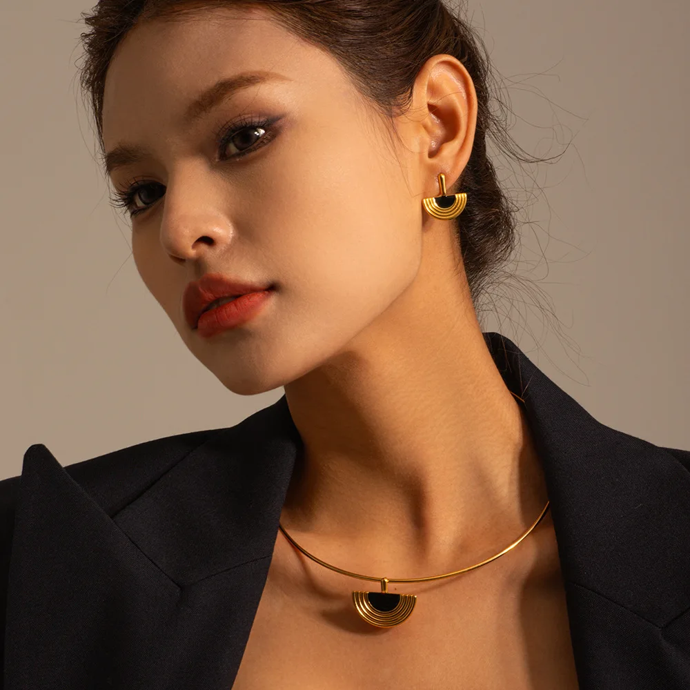 New Arrival Jewelry Black-Gold Drop Oil Semi-Round Pendant Earring 18K PVD Stainless Steel Classic Necklace And Earrings