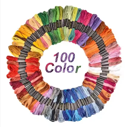 Hot Selling Hand Embroidery Starter Kit Cross Stitch Tools Set with 100 Colors Threads and Bamboo Embroidery Hoops