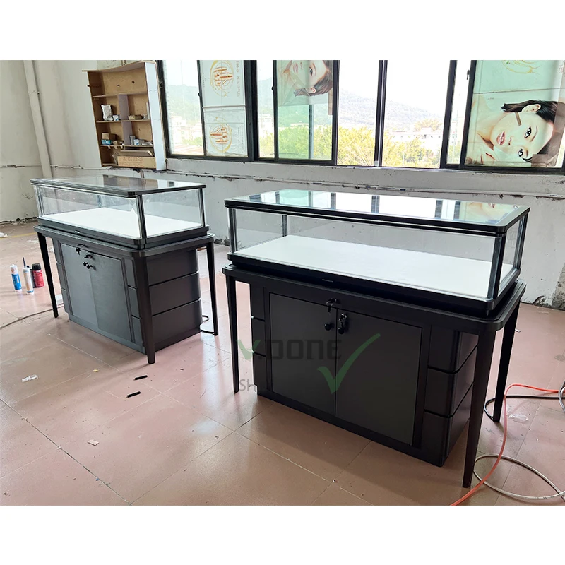 Simple Black Diamond Jewelry Watch Display Cabinet Metal Jewelry Display Counter Tempered Glass Jewellery Showroom Display Table