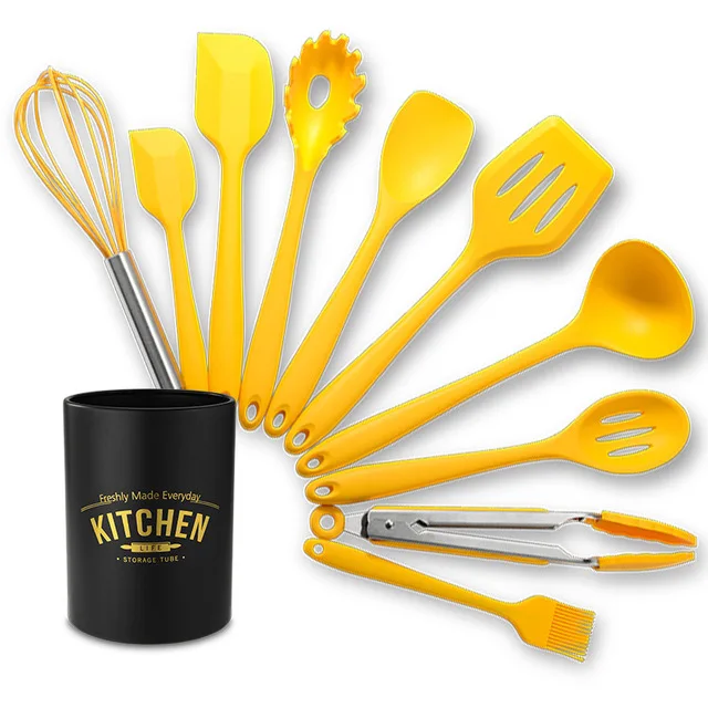 
12 Pieces In 1 Set Kitchen Gadgets Tools Stand Kitchenware Spatula Silicone Cooking Utensils Set With Wooden Handles 