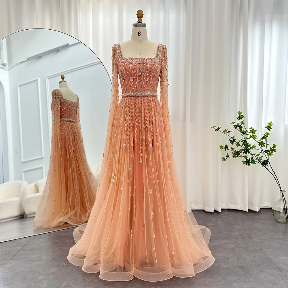 Nude Pink Square Collar 2024 Luxury Dubai Evening Dress With Cape Sleeves Blue Arabic Women Wedding Party Gown Scz032-1