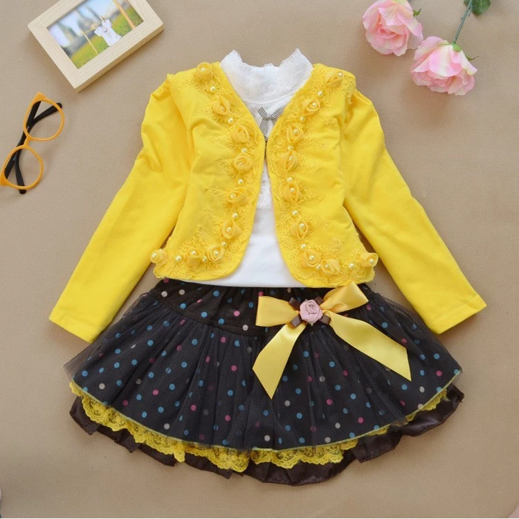 
Factory Direct Sales Girls Spring and Autumn Rose Flower Dress Three-piece Suit 