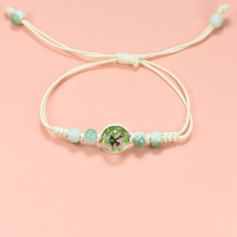Flower bracelet hand-woven size can be adjusted Preserved flower and butterfly multi-color optional 12mm beads