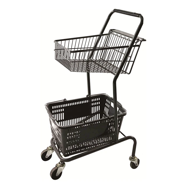 2024 new unfolding 2 layers  metal wire two basket  supermarket shopping basket trolley