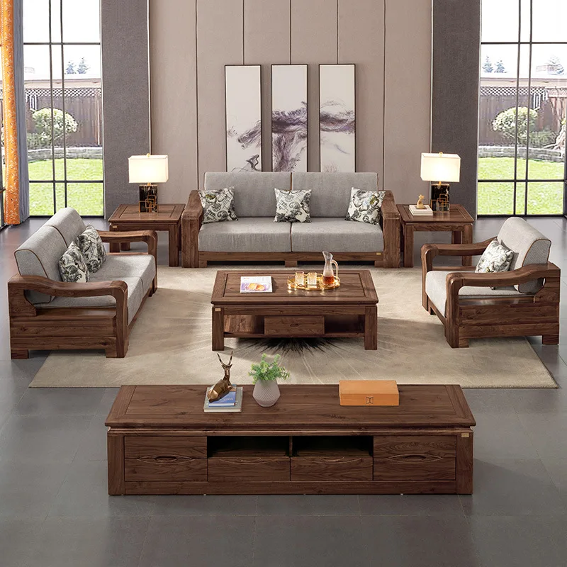 High-end Chinese Style Walnut Solid wooden Frame Fabric Upholstery Living room Sofa