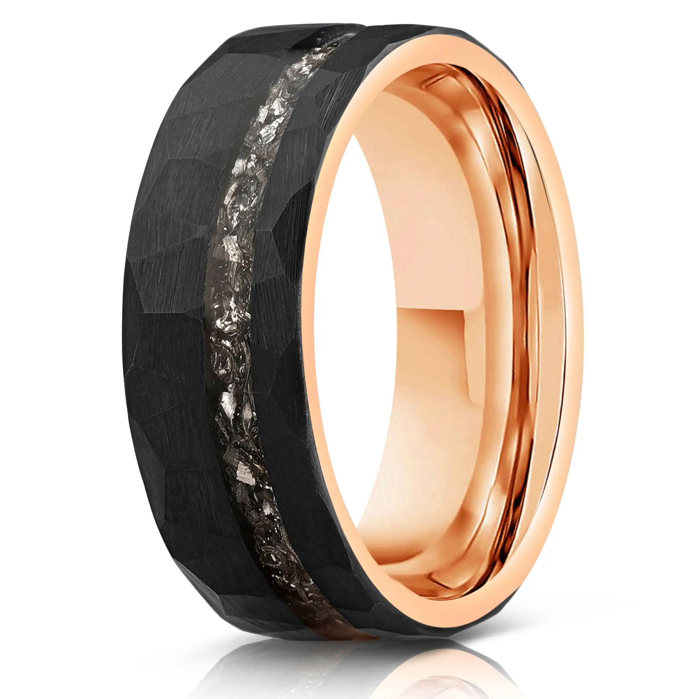 HAMMERED TUNGSTEN CARBIDE WEDDING BAND RING- BLACK ROSE GOLD WITH METEORITE- 8MM