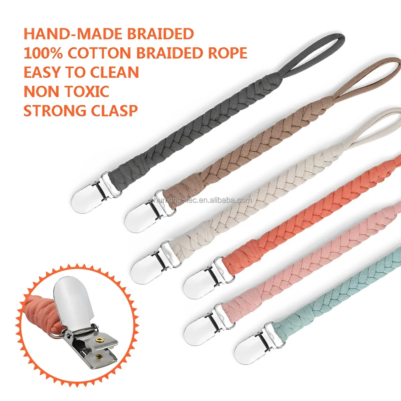 Handmade Dummy Clips Holder Chain Eco Friendly Flexible Fabric Yarn Braided Baby Pacifier Clips