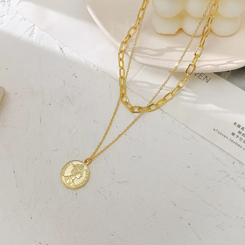 Laodun Statement Unique Design Jewelry Most Popular Products Face Portrait Pattern Cross Pendant Layered Women Necklace