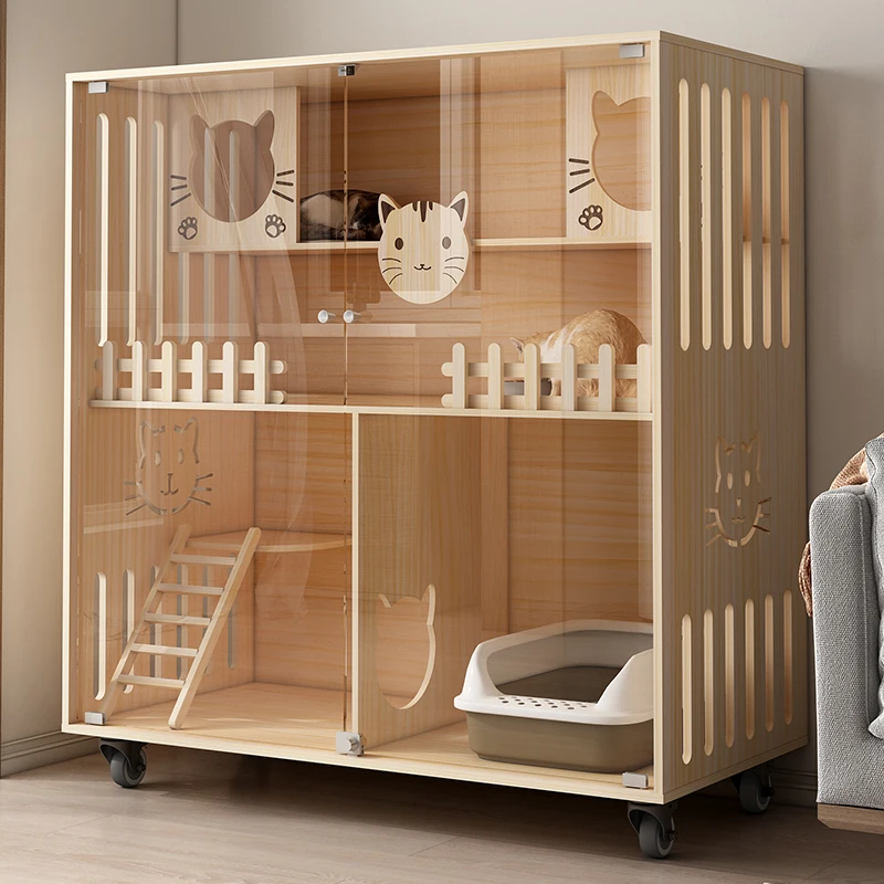 Hot Sell Luxury Interior Household Animal Furniture Wooden Cat Cage House With Scratching 3 Layer Cat Villa Customized Cat House