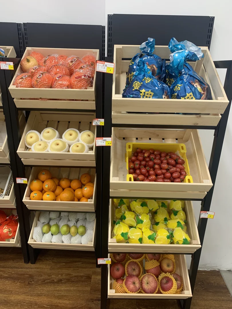 Company Freshfruitsandvegetables Iron Frame Supermarket Shelves Stand Display Wood Fruit Display Rack