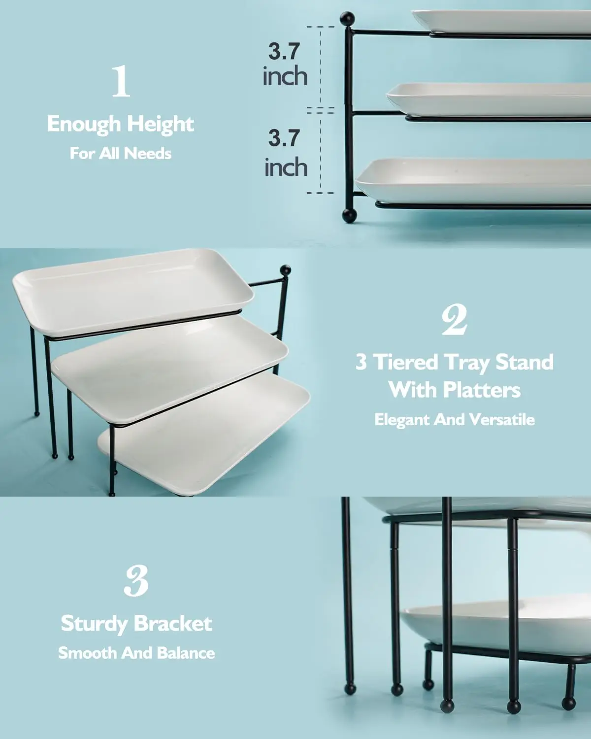 3 Tier Serving Tray with 14x8in Platters, Rotatable & Foldable Tiered Food Display Stand for Durable Serving Trays