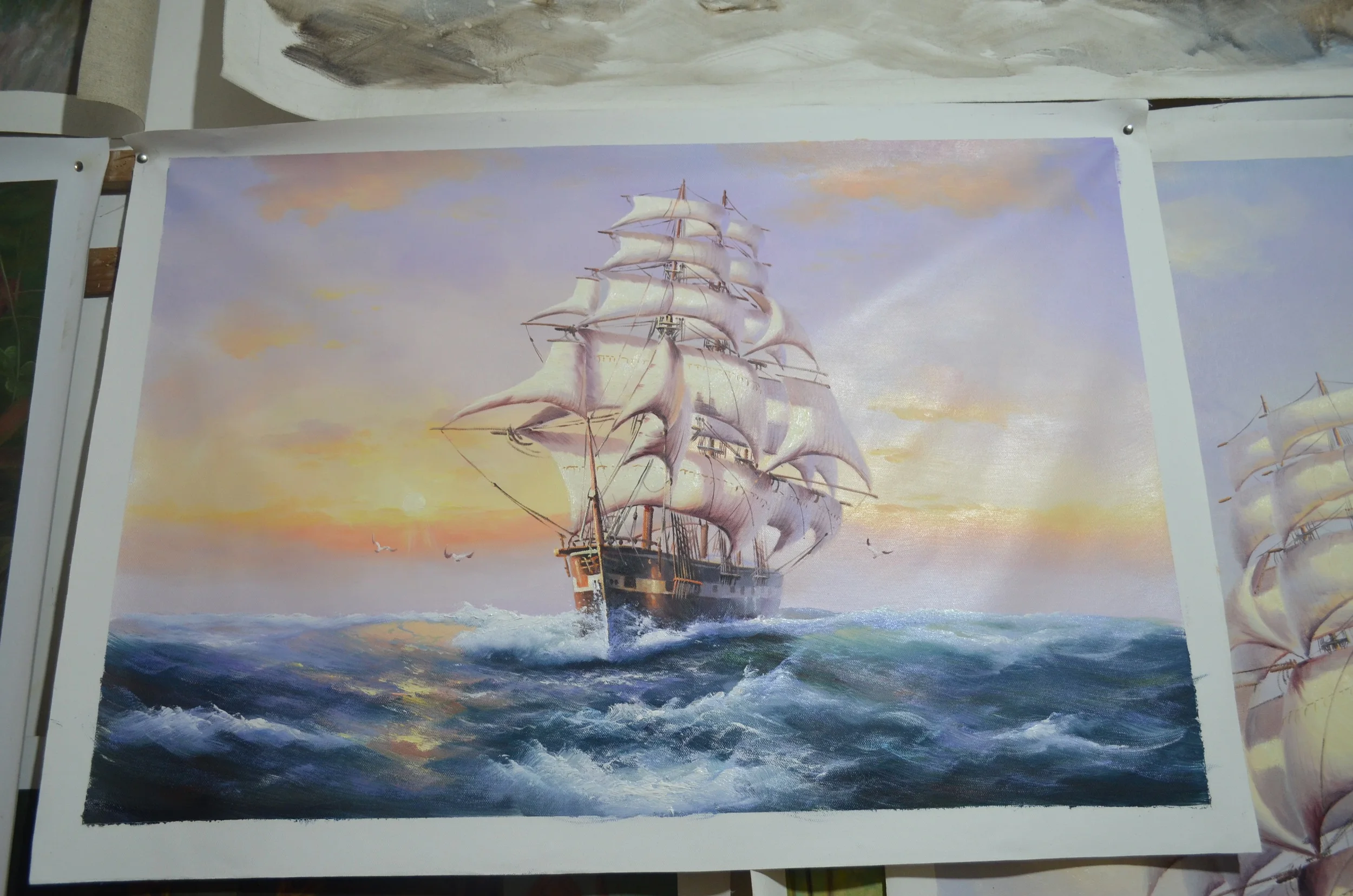Large Ship Painting Realistic Oil Painting on Canvas Sailing Art Sail Boat Decor Sunset Painting