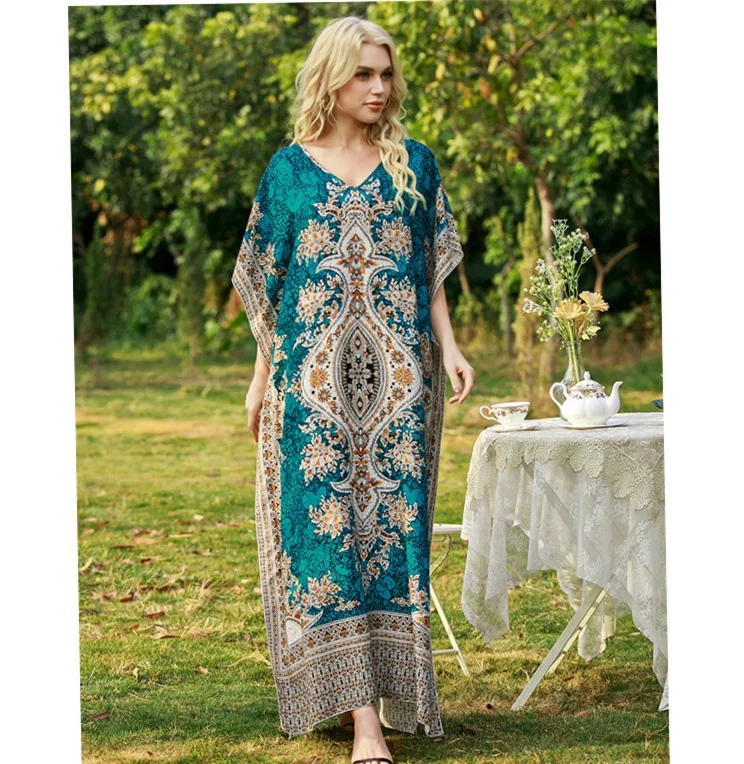 Summer Batik Print Muslim Maxi Dress For Women Ethnic Kaftan Ladies Dubai  V-neck Loose Fit Caftan Casual Beach Robe