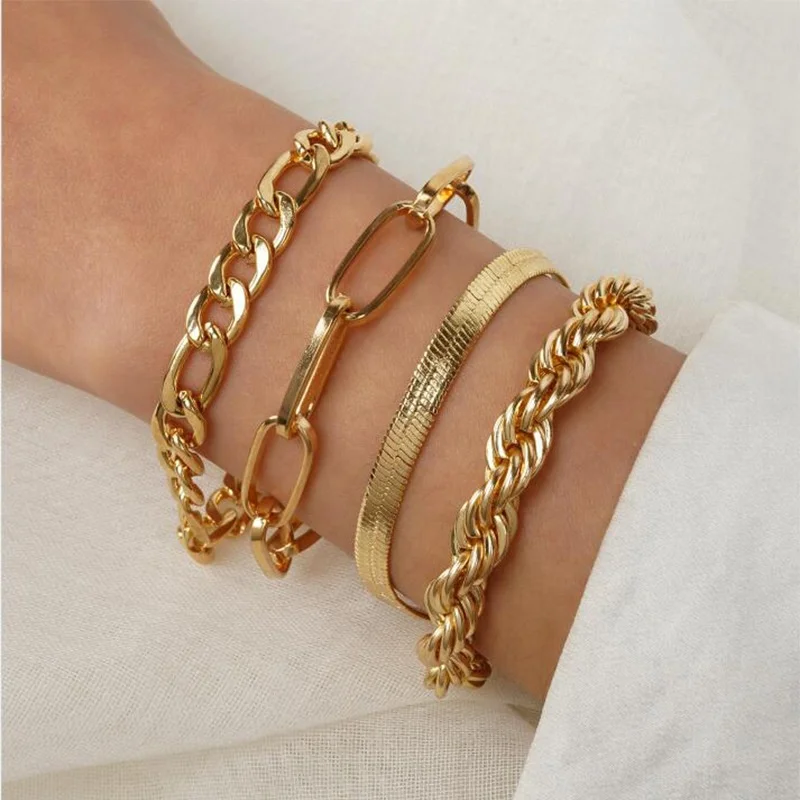 
Fashion retro wind exaggeration thick chain set bracelet men and women simple gold bracelet bracelet 4 sets of wholesale 