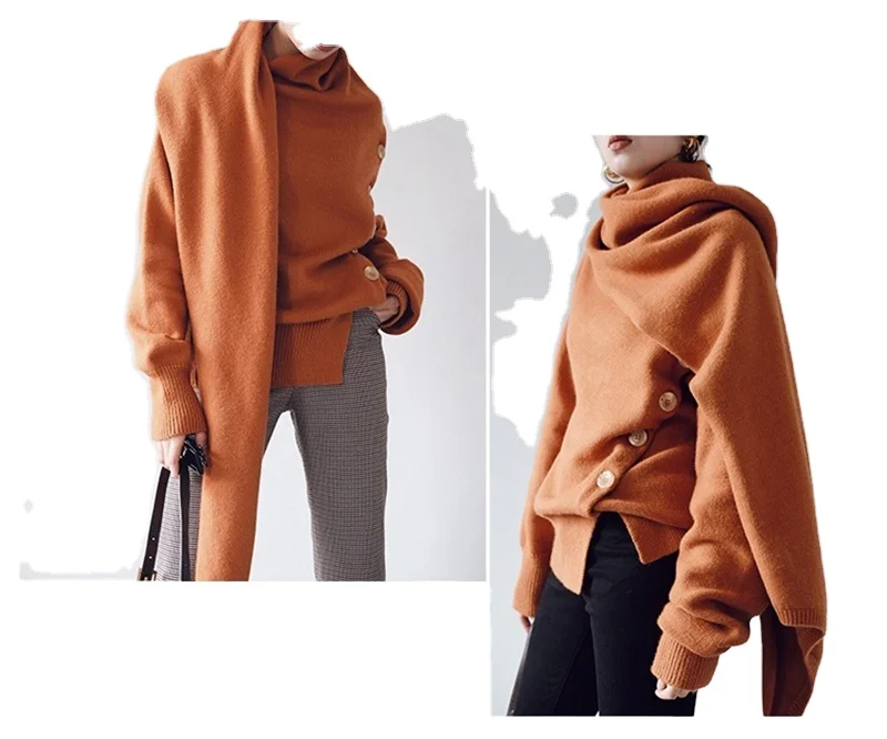 Модный осенний акриловый свободный однотонный оверсайз шарф воротник пуловер вязаный зимний женский свитер на заказ
