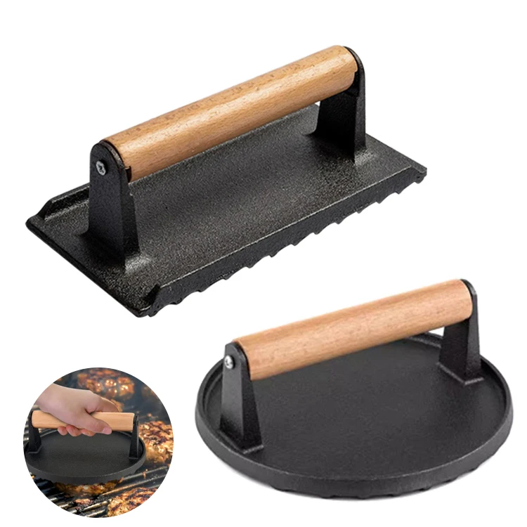 Smash Burger Kit Cast Iron Heavy Duty Burger Smasher Round Rectangle Hamburger Press for Griddle BBQ Teppanyaki Tool