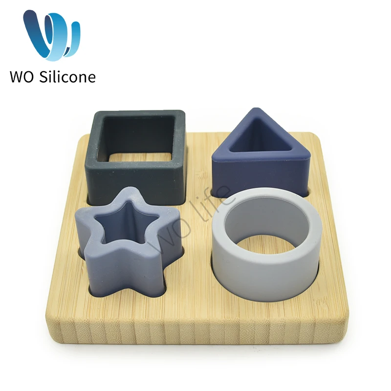 Wosilicone Geometric Platter Toys Bamboo Material 4 Kinds of Shapes for Kids Teaching Silicone Funny Puzzle Toys for Children