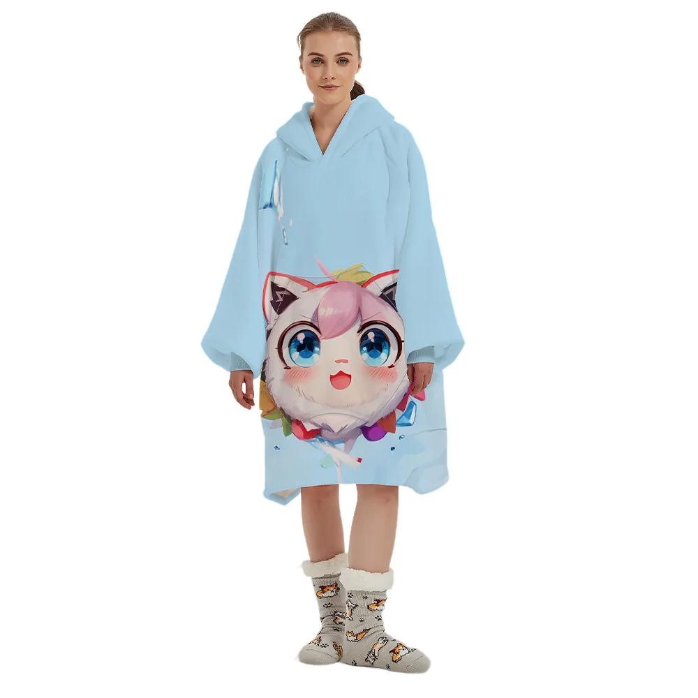 Customized Anime Printed Lovely Pink Elf 230gsm Thick Warm Flannel Fleece Hoodie Blanket with Patent Pockets and Sleeve
