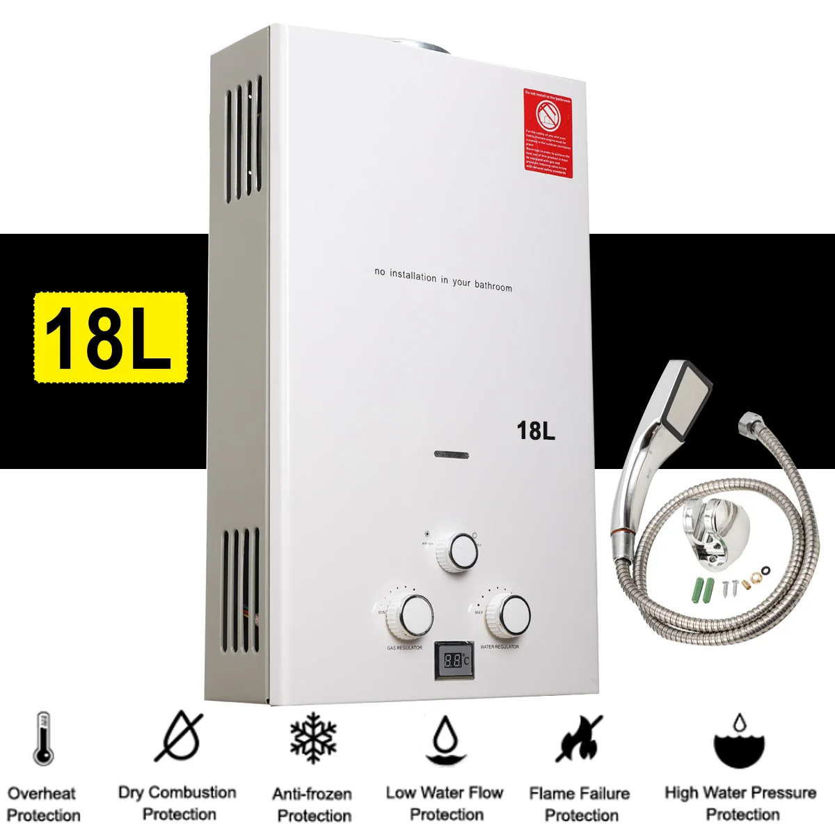 USA Europe Dropshipping 18L stainless steel LPG portable instant high energy efficient smart tankless gas geyser water heater