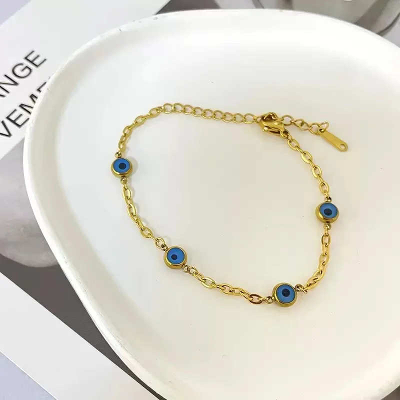 PJ-M081 2022 New Evil Eyes Gold Plate Stainless Steel Bracelet Blue Evil Eyes Adjustable Charm Fashion Bracelet for Women